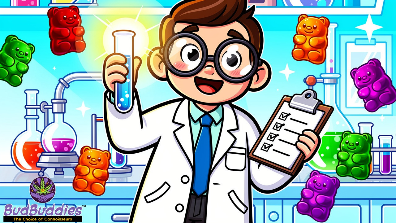 Cartoon scientist checking quality of THC gummies in lab