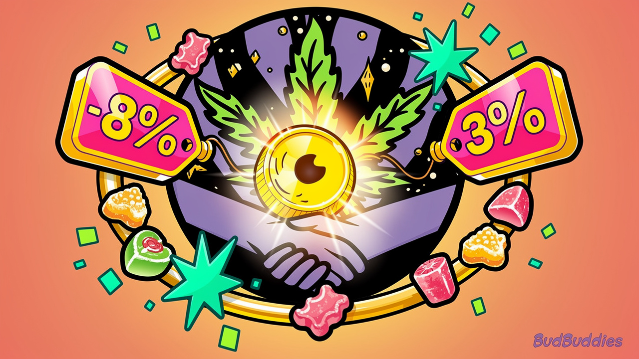 Cartoon character celebrating loyalty rewards and gummy discounts