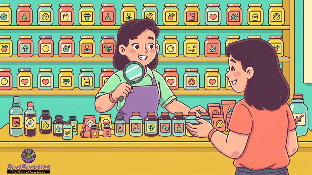 Cartoon shop assistant helping customer choose products