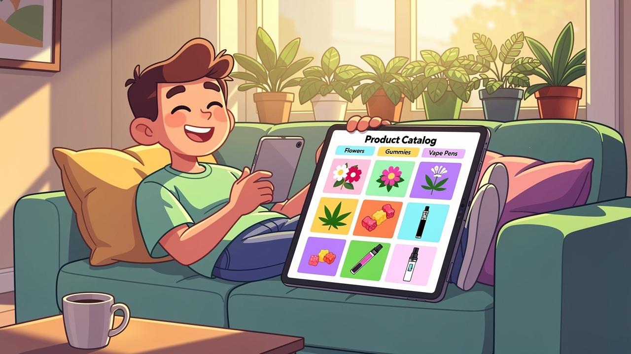 Happy cartoon character browsing cannabis products online at home