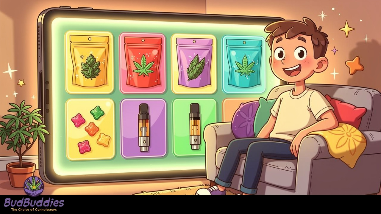 Cartoon character browsing a trusted online cannabis shop