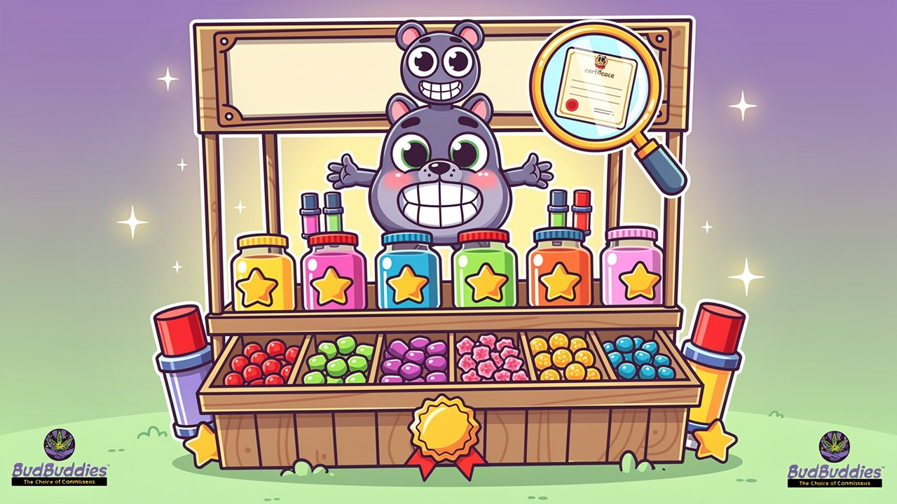 Cartoon cannabis shop stall with discreet quality products