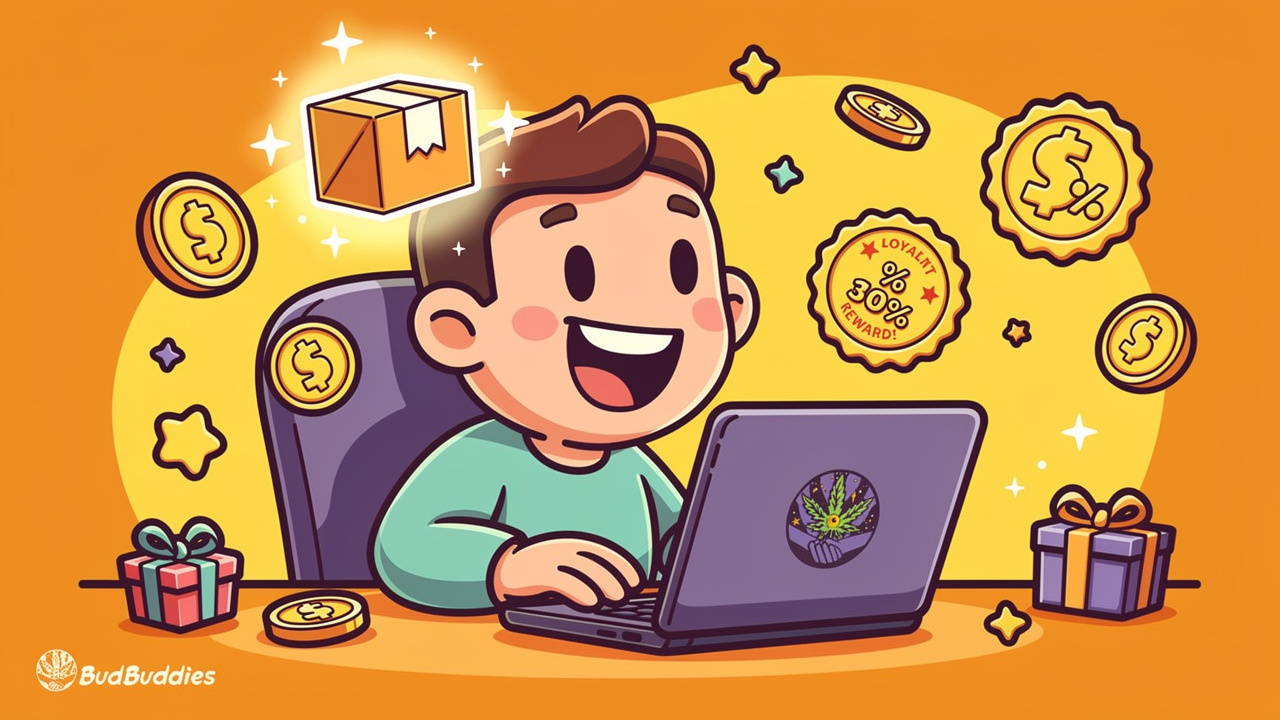 Cartoon character ordering cannabis online with loyalty rewards and savings