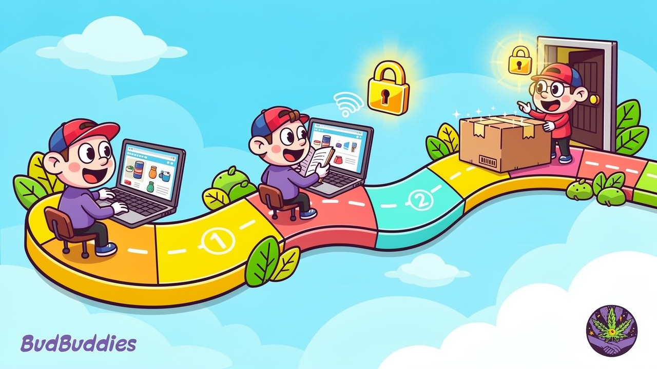 Cartoon character ordering cannabis online step by step