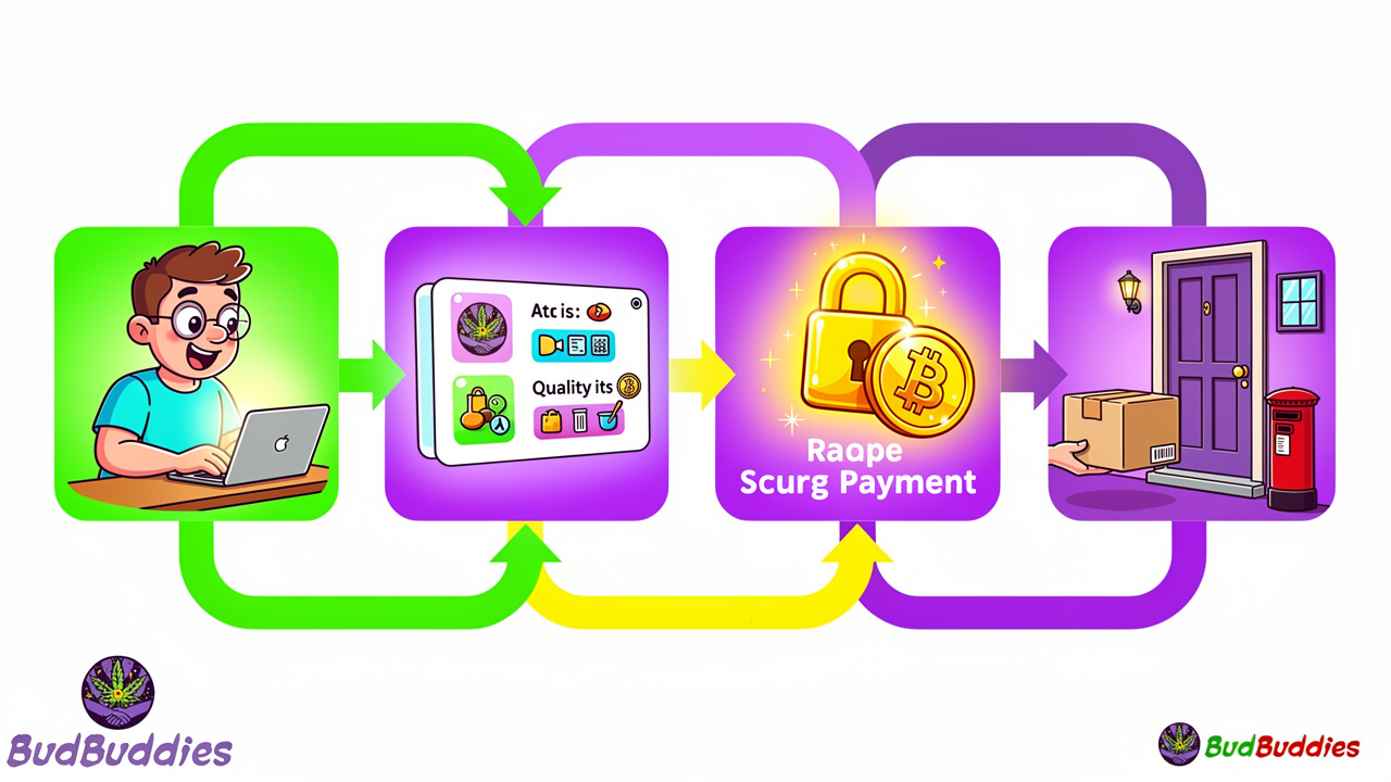 Cartoon four-step ordering process from BudBuddies with UK delivery
