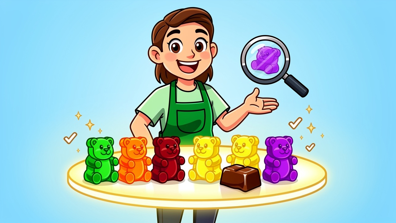 Cartoon of precisely dosed cannabis gummies and quality products