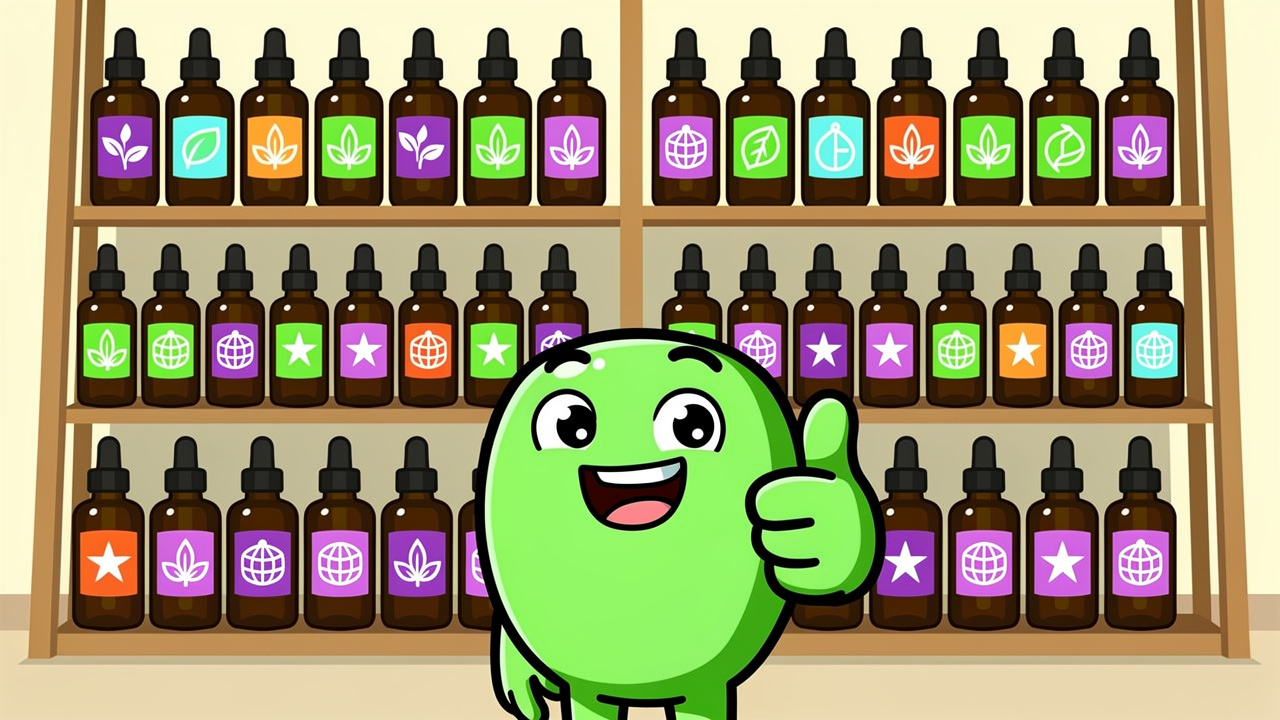 Cartoon character with premium cannabis tincture collection