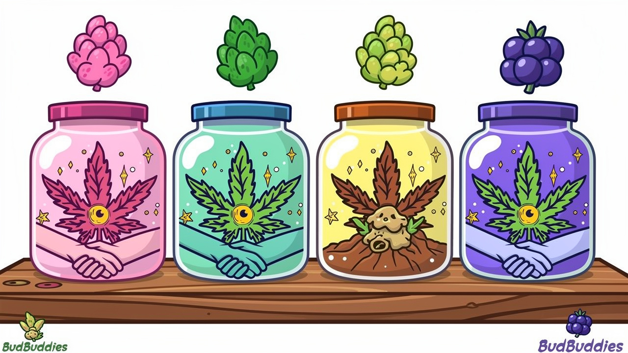 Four premium THC flower strain jars from BudBuddies