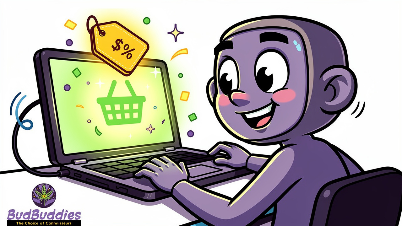 Cartoon character applying cannabis discount code at checkout