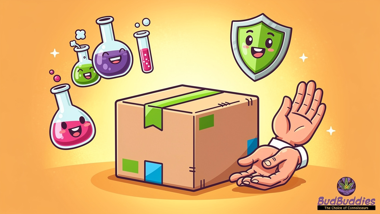 Cartoon delivery package surrounded by testing and trust symbols.