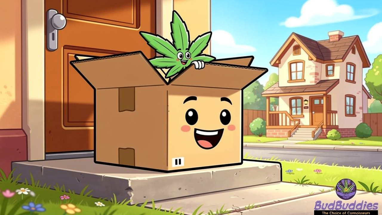 Cartoon parcel representing discreet Blue Nerds strain delivery
