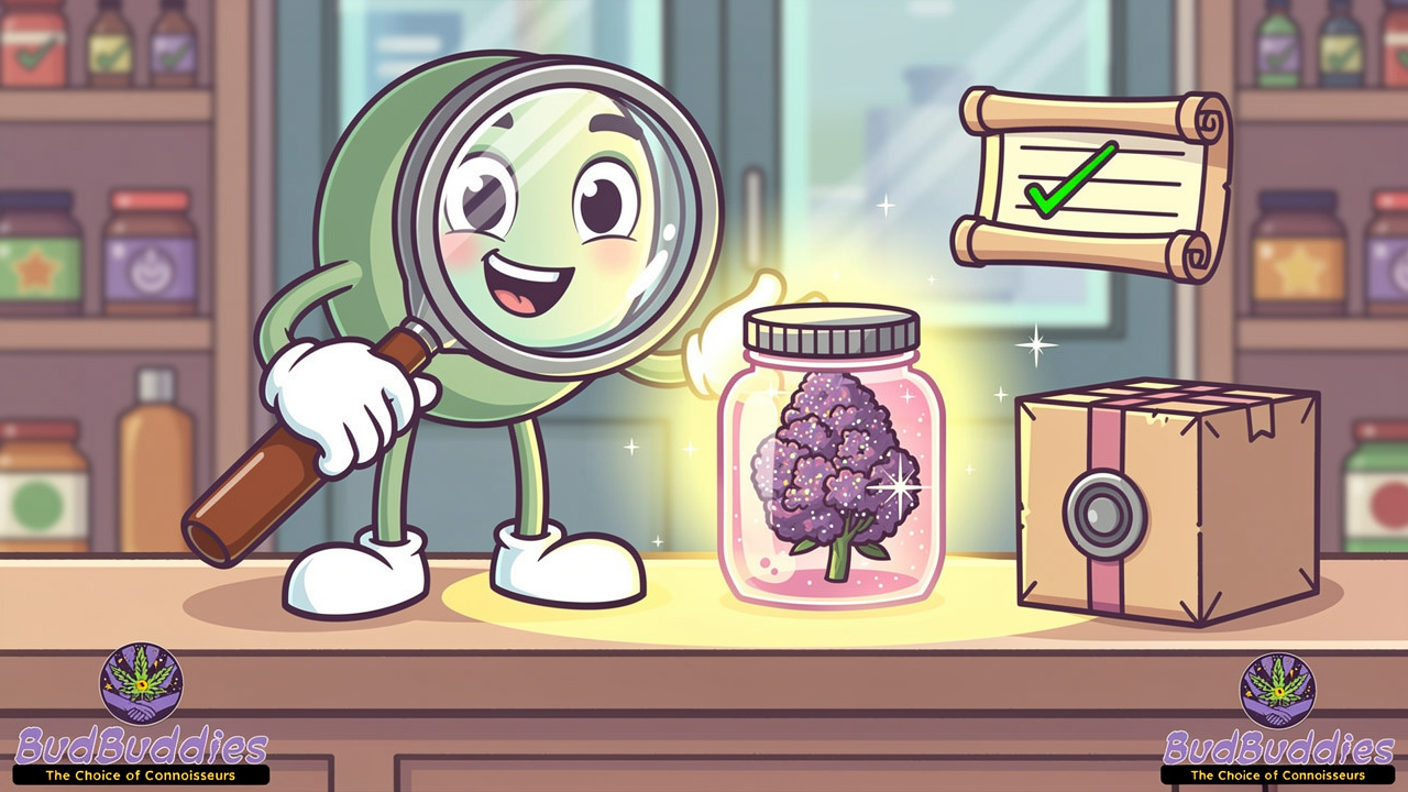 Cartoon scene of checking quality Slurricane cannabis flower