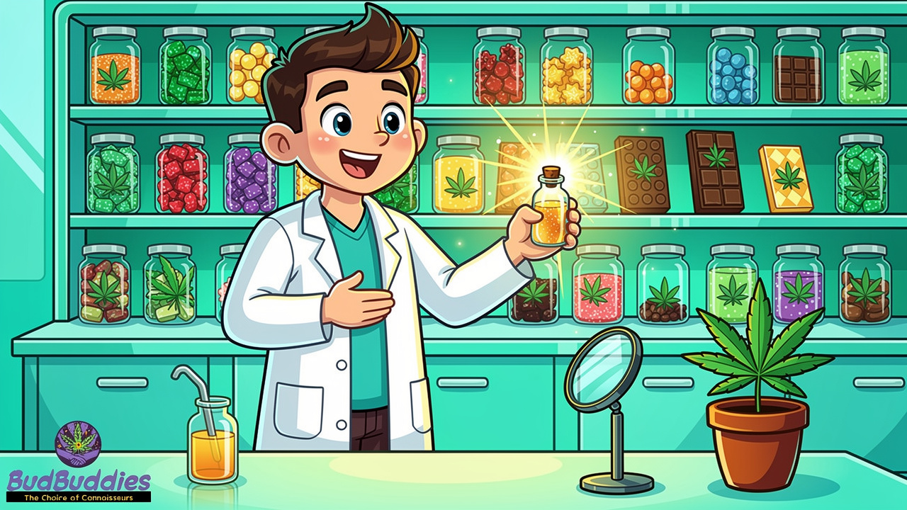 Cartoon scientist quality testing BudBuddies THC edibles