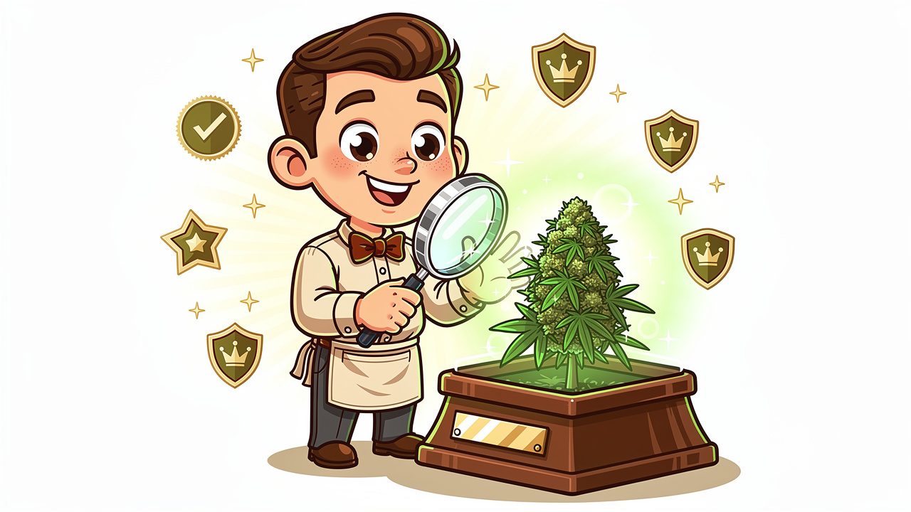 Cartoon character inspecting premium cannabis flower with care