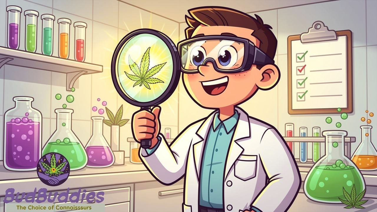 Cartoon scientist quality testing THC flower in laboratory