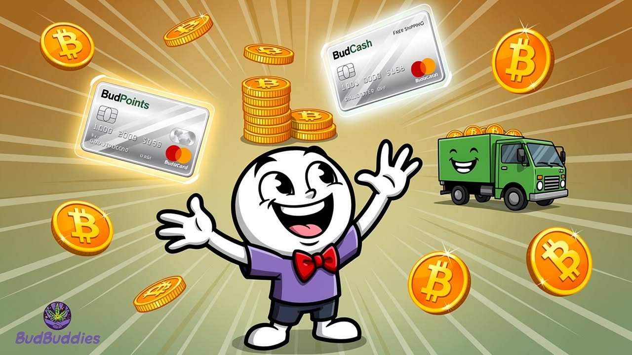 Cartoon character collecting floating reward badges and savings symbols