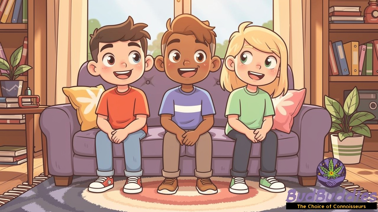 Cartoon friends celebrating cannabis shop rewards and referral savings
