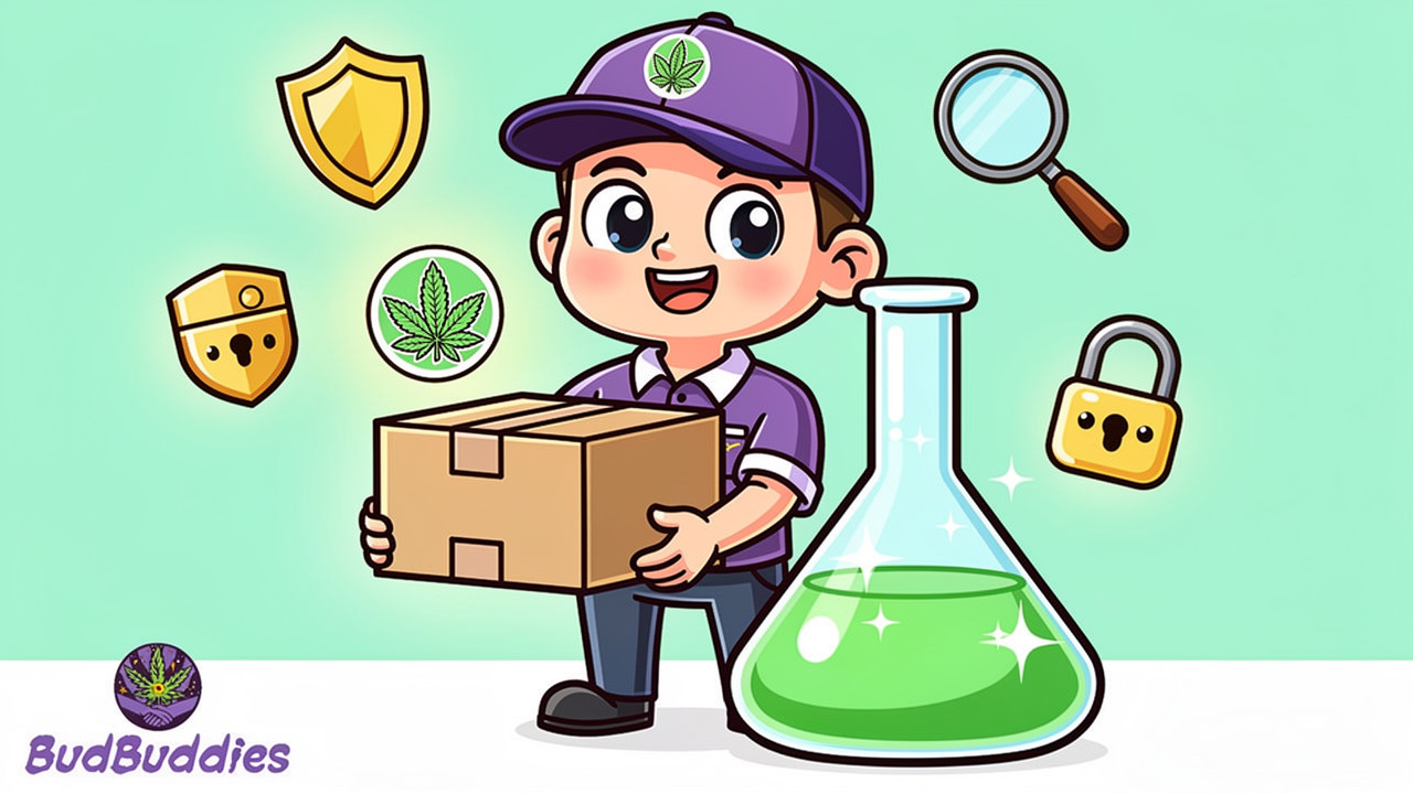 Friendly cartoon showing safe cannabis delivery with quality assurance