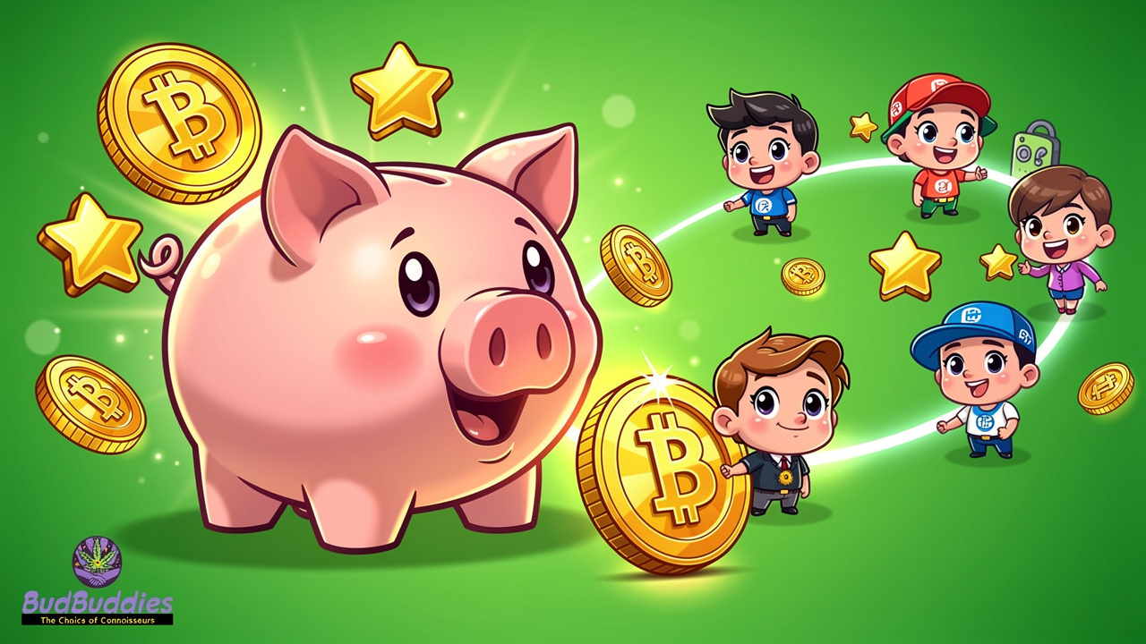 Cartoon stacking savings with loyalty points and crypto discounts