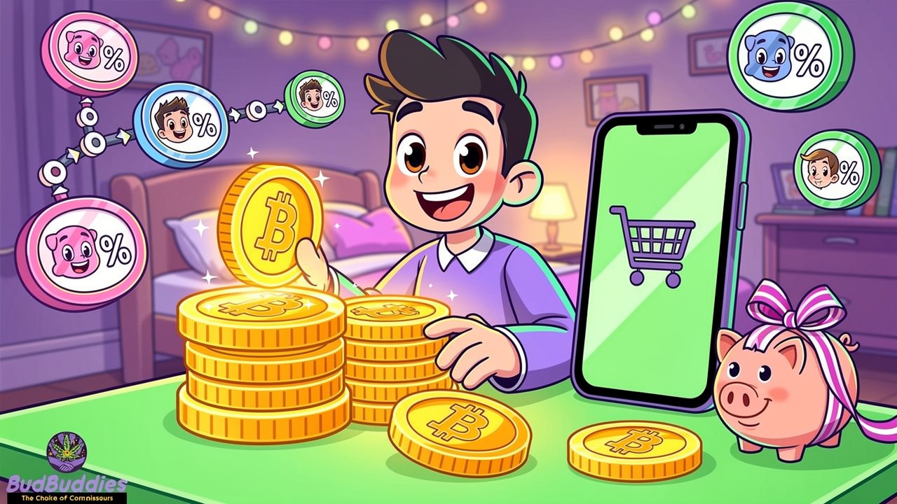 Cartoon character stacking loyalty rewards and crypto discounts