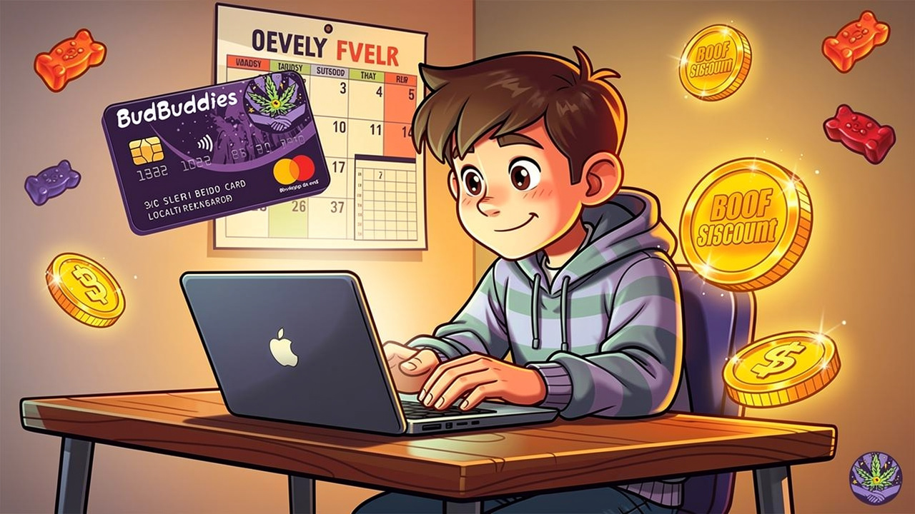 Cartoon student saving money on cannabis gummies with loyalty rewards