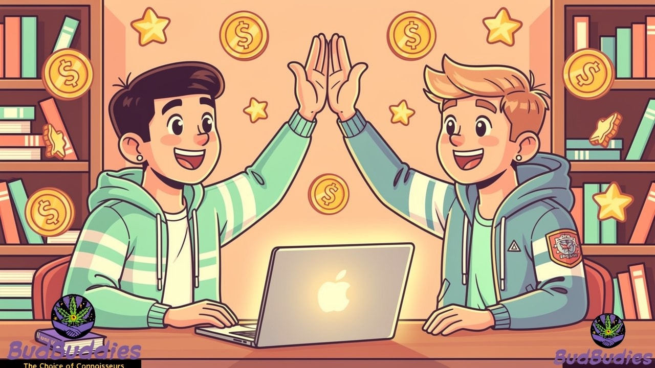 Cartoon students celebrating savings with loyalty reward points