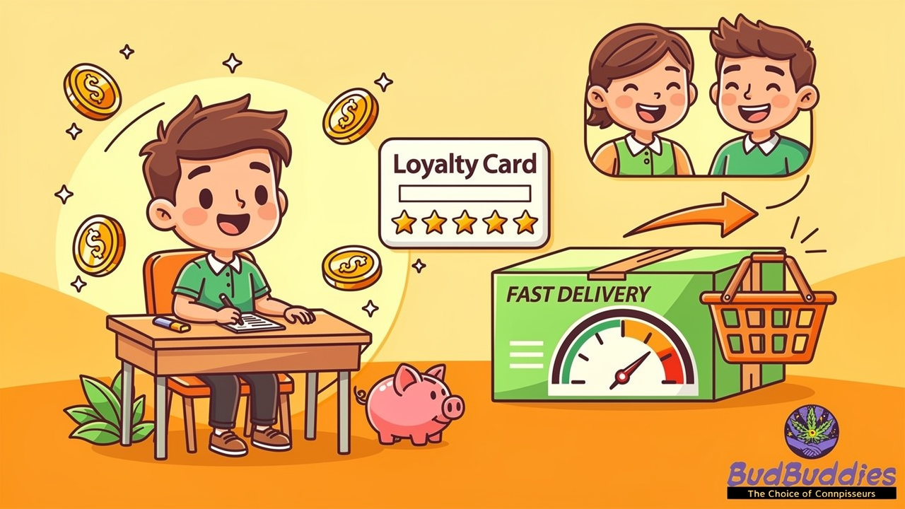 Cartoon student saving money with loyalty rewards and referral bonuses