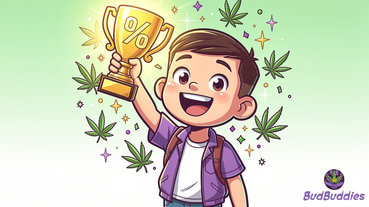 Happy cartoon student celebrating cannabis savings victory