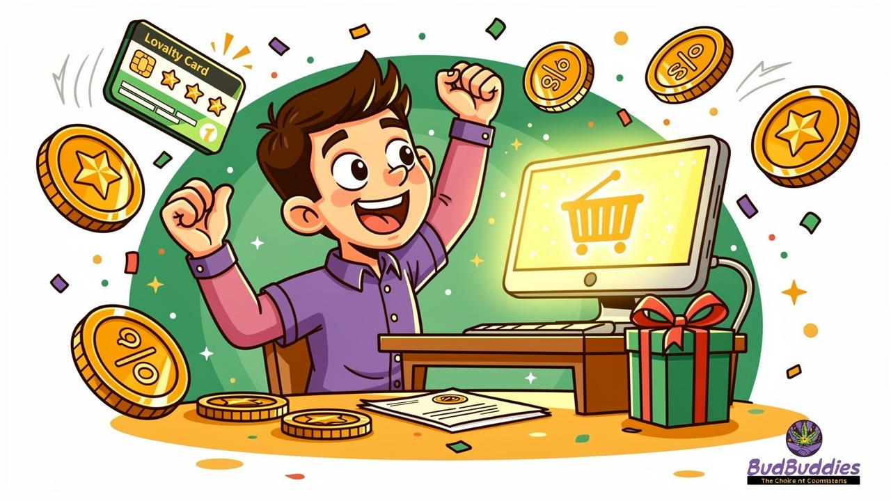 Cartoon student celebrating savings and loyalty rewards on cannabis capsules