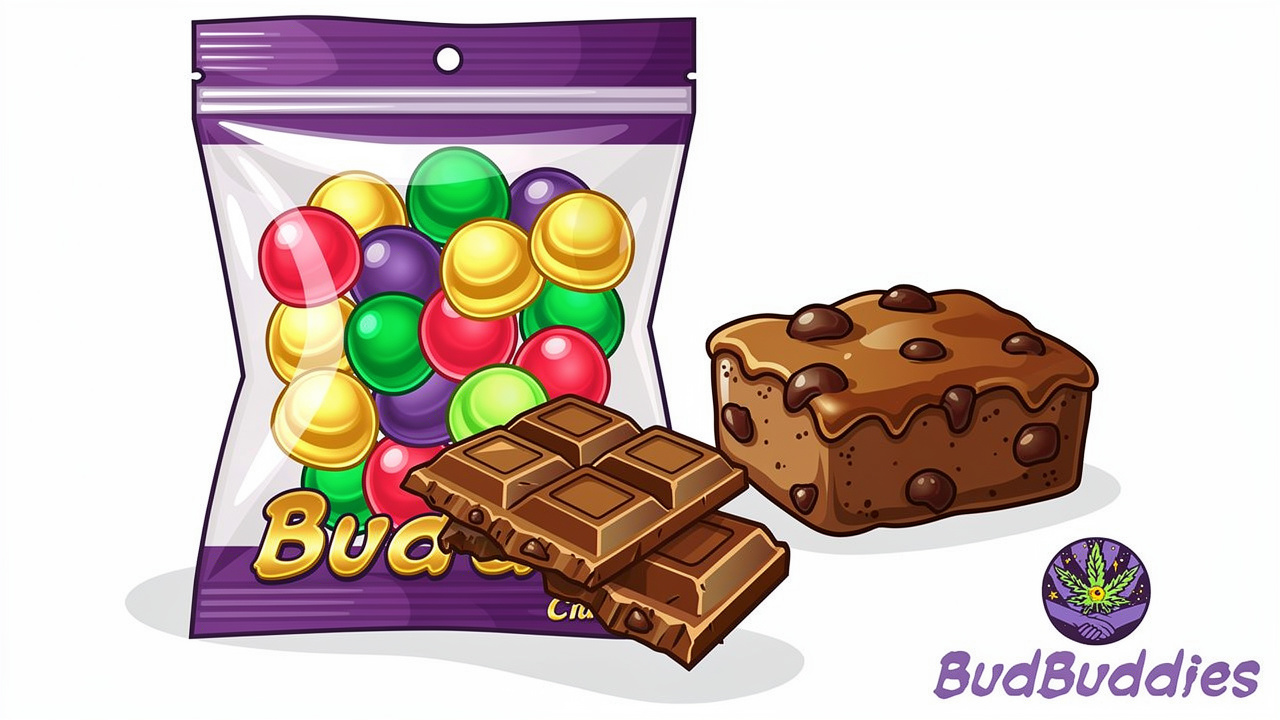 BudBuddies THC edibles range gummies chocolates brownies cartoon