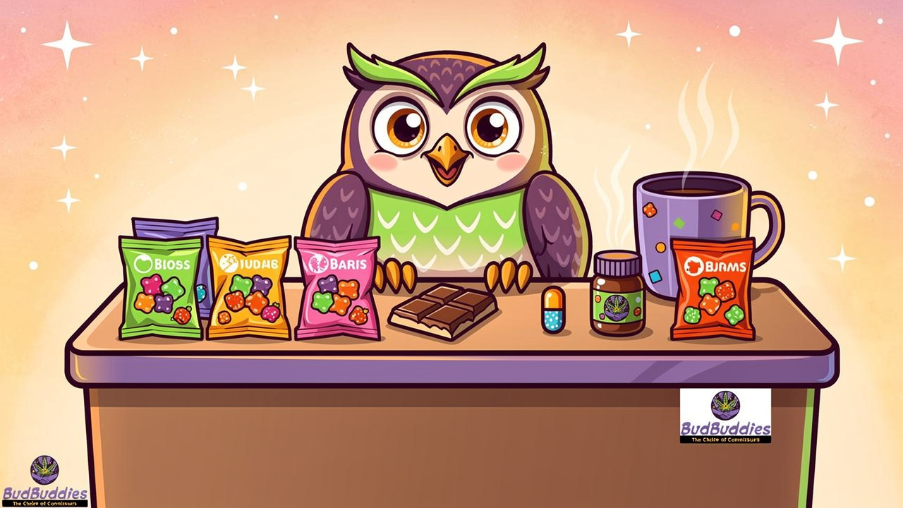 Cartoon display of THC chocolates capsules and edibles range