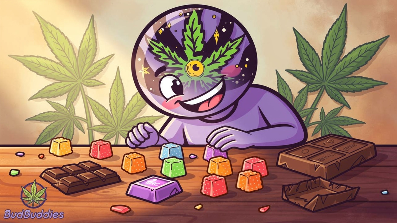 Cartoon character choosing from BudBuddies THC edibles range