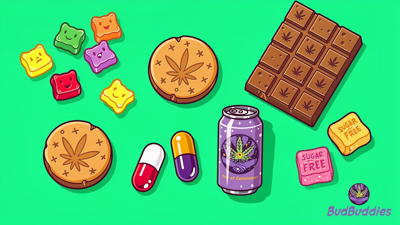 Cartoon flat lay of BudBuddies full THC edibles range