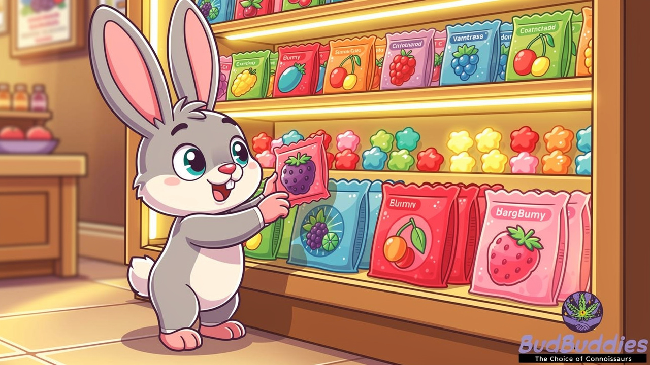 Cartoon character browsing colourful BudBuddies gummy range
