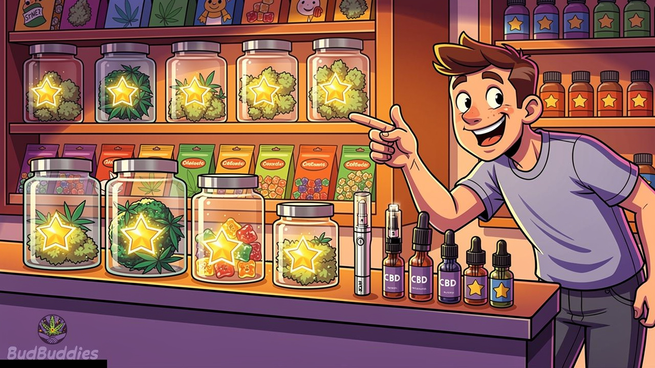 Cartoon dispensary showing THC flower, edibles, vapes and CBD products