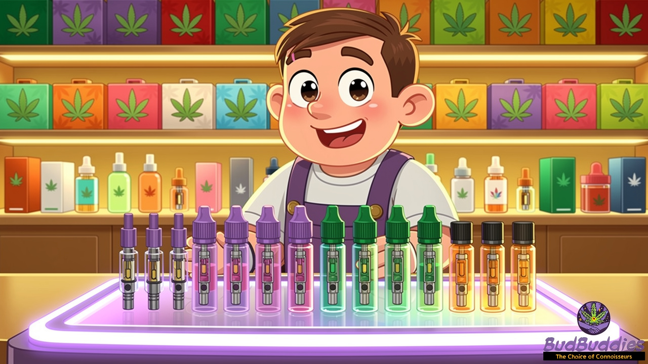 Cartoon vape shop display with colourful THC vape products