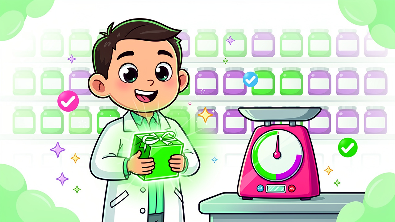 Cartoon character with lab coat approving quality cannabis products
