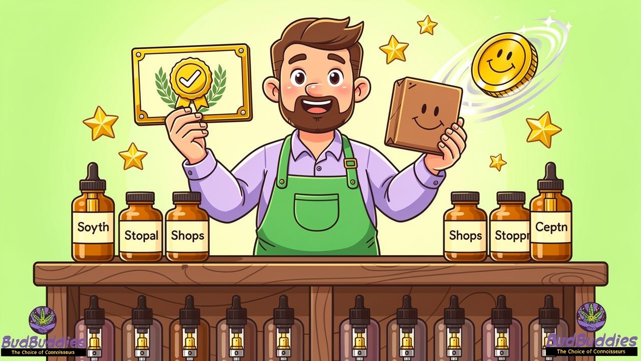 Cartoon of trusted BudBuddies online THC oil shop with rewards