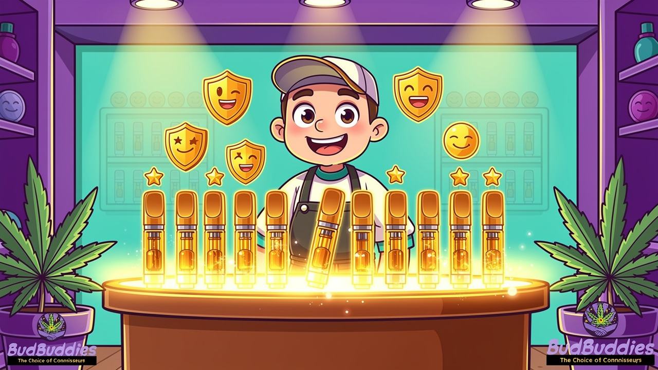 Cartoon cannabis vape shop with premium cartridges displayed