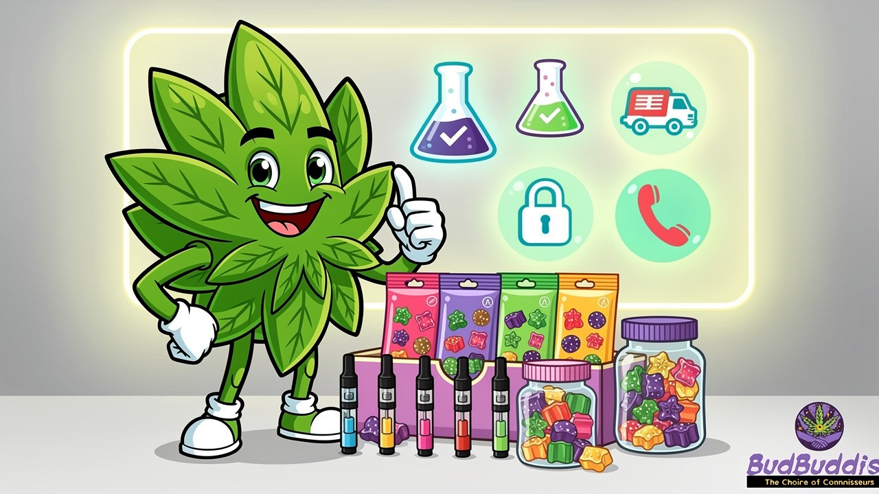 Cartoon cannabis mascot with trusted brand quality symbols