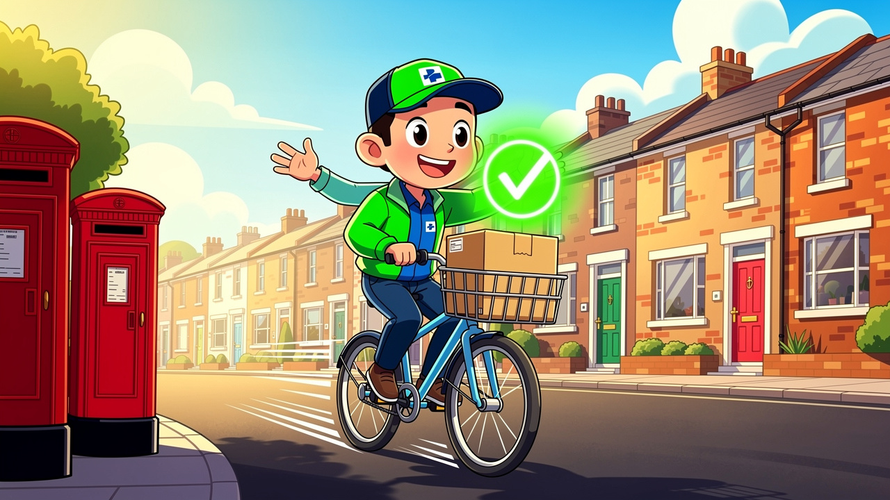 Cartoon courier delivering cannabis parcel across UK street
