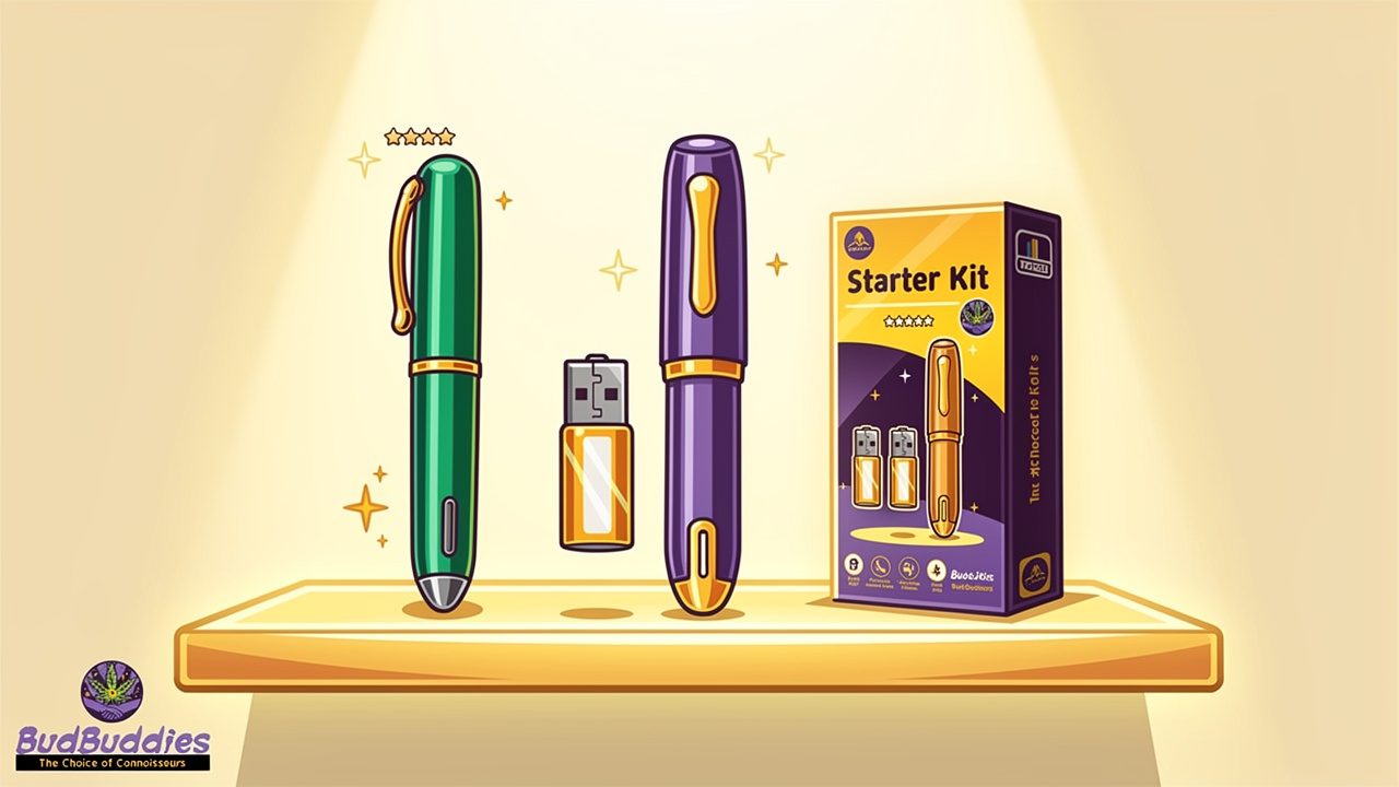 Cartoon display of disposable vape, cartridge, and starter kit