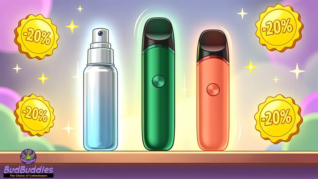 Three discounted THC vape products displayed with vibrant colours