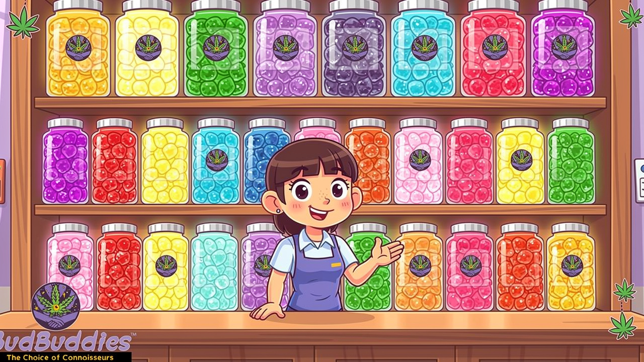 Cartoon shop shelf displaying BudBuddies gummy sweet range