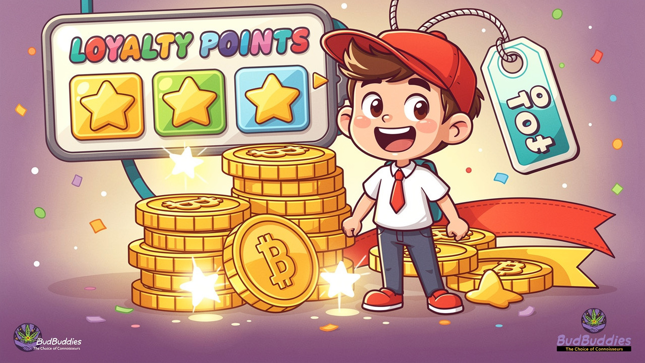 Cartoon student stacking BudCash loyalty reward points