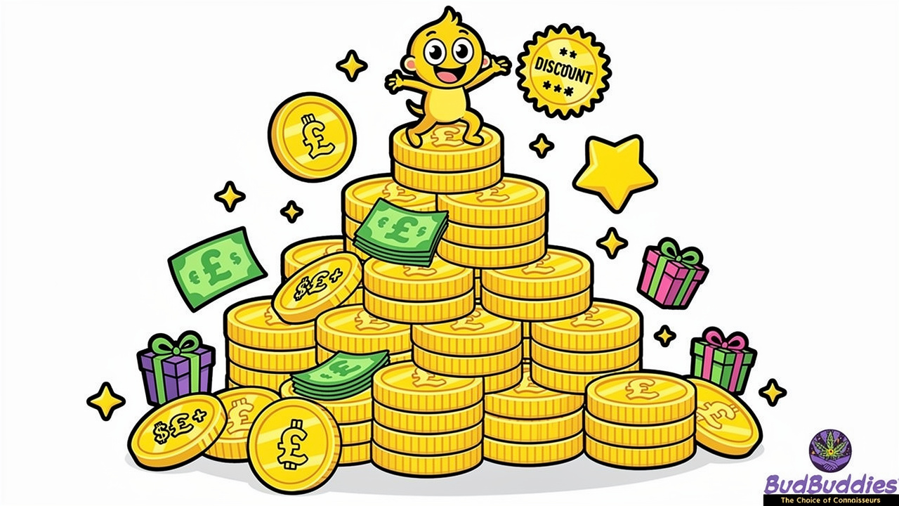 Cartoon character climbing pyramid of coins representing rewards