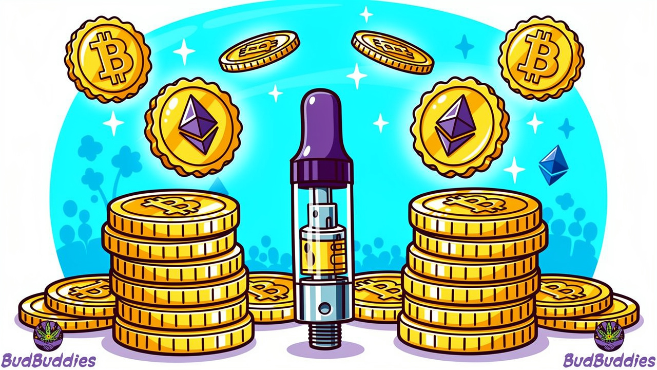 Animated coins and loyalty rewards floating above vape products