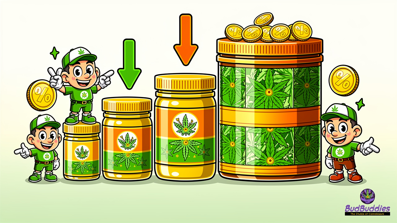 Stacked cannabis flower containers with savings indicators and downward price trend arrows