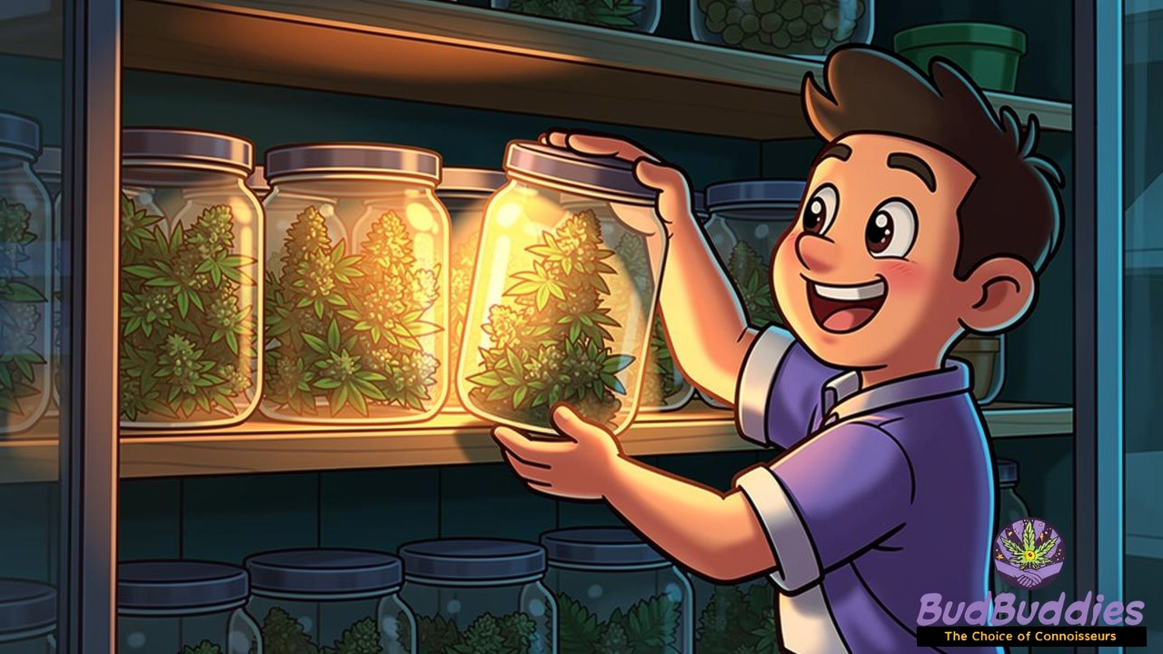 Cartoon guide showing proper storage methods for bulk cannabis flower