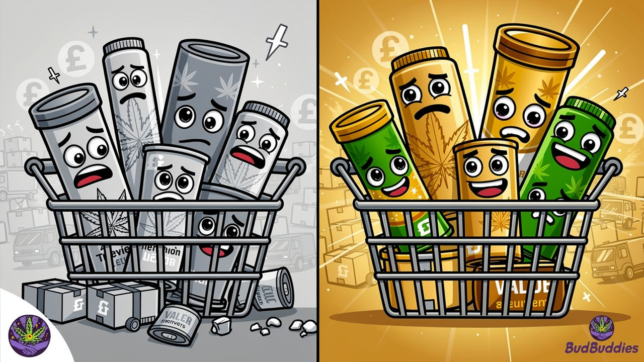 Cartoon showing scattered individual products versus organised bundle basket